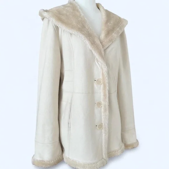 Vintage Cream Faux Fur Hooded Jacket Button Closure Cabincore Nordic Preppy - Picture 2 of 12